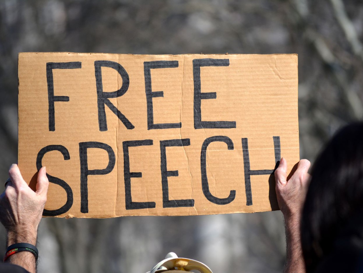 Hands hold up a cardboard sign that reads “Free Speech”