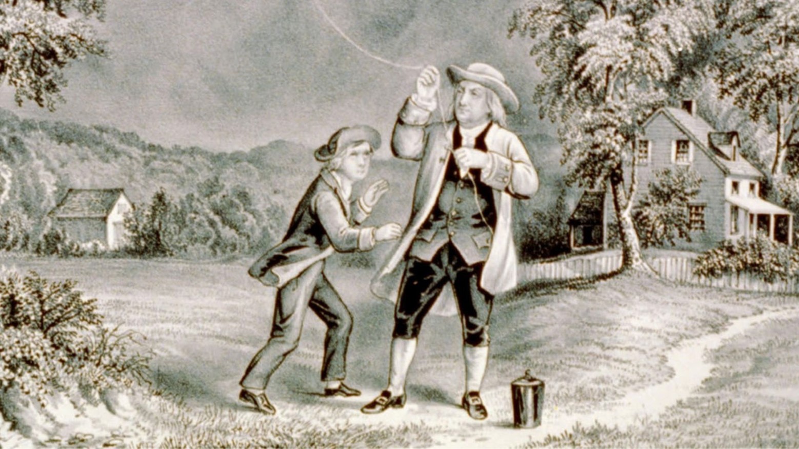 A painting depicting Benjamin Franklin’s lightning experiment.