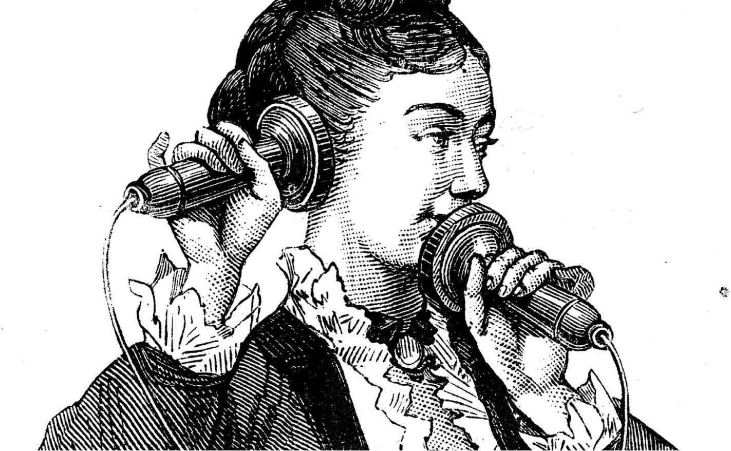 An old drawing of a Victorian lady using a very old telephone.