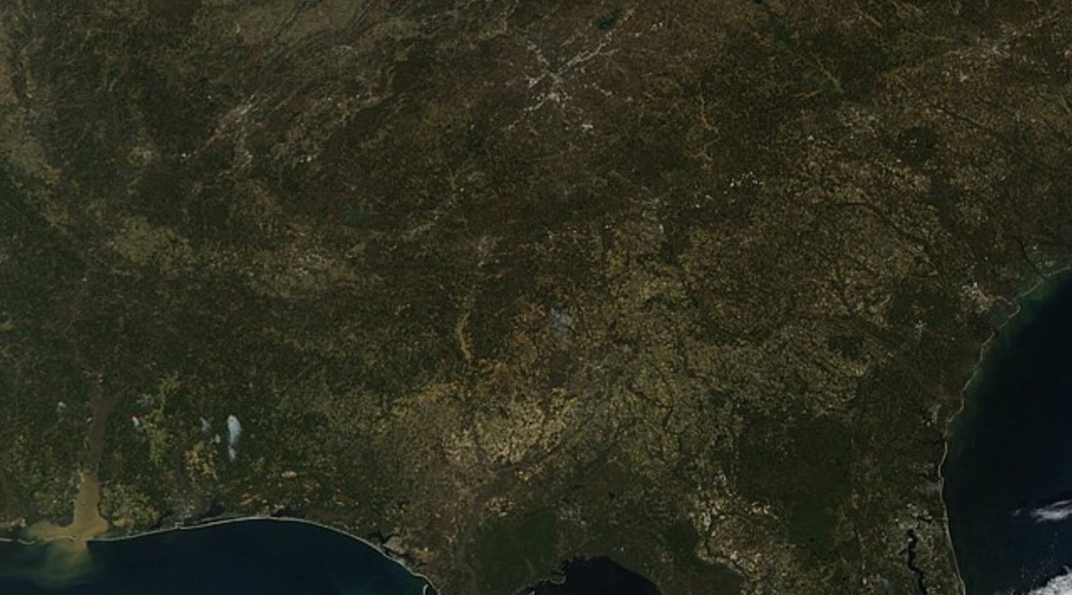 A map showing southeast USA. The land area is green and is surrounded by the sea.