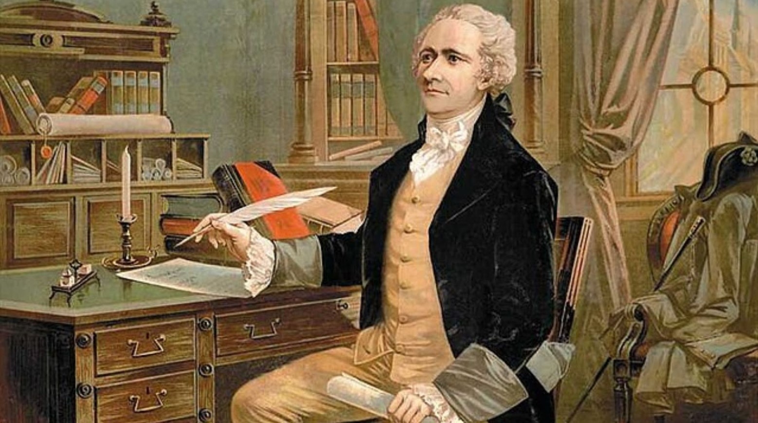 A painting of Alexander Hamilton sitting at his desk writing a first draft of the US Constitution. He is writing it with a quill pen and has a candle on his desk with bookcases behind it.