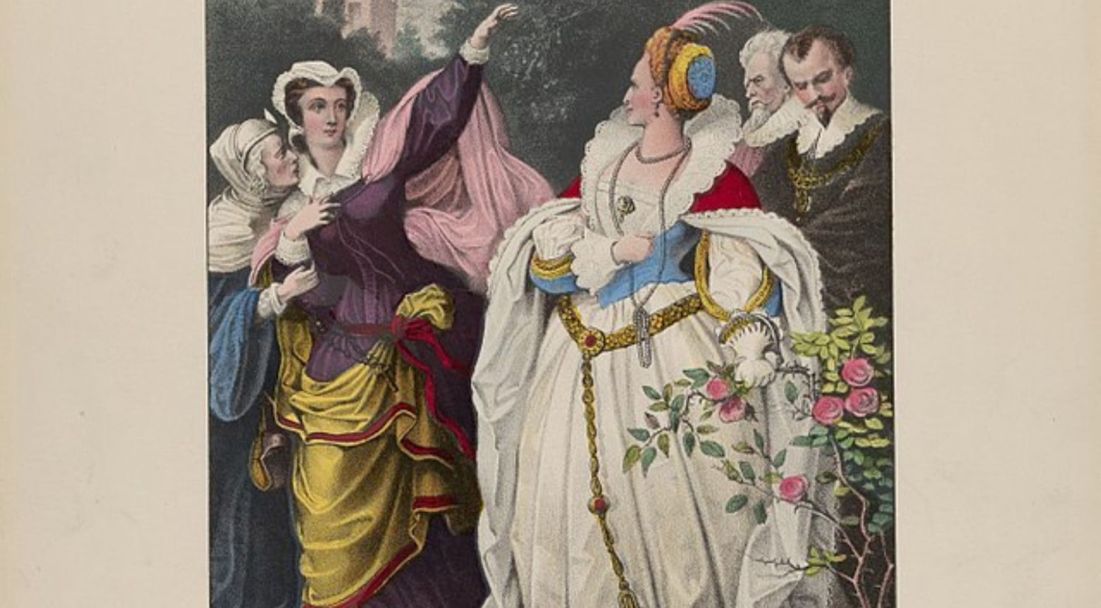 This is a painting of Mary Queen of Scots, and Elizabeth I. Mary is wearing a purple dress, and Elizabeth is in a white dress. A woman is talking to Mary, and two men are standing behind Elizabeth.