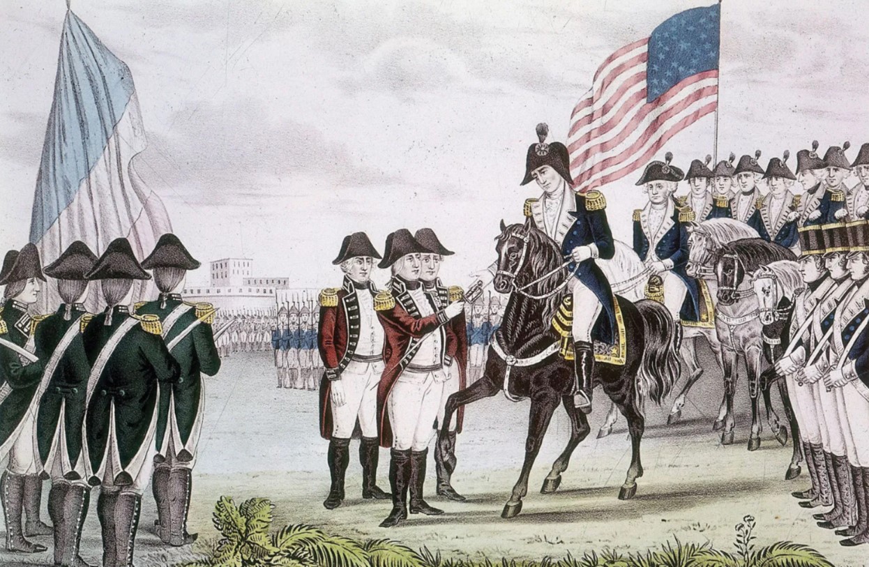 Depiction of a conversation between British and Colonist leaders during the Revolutionary War