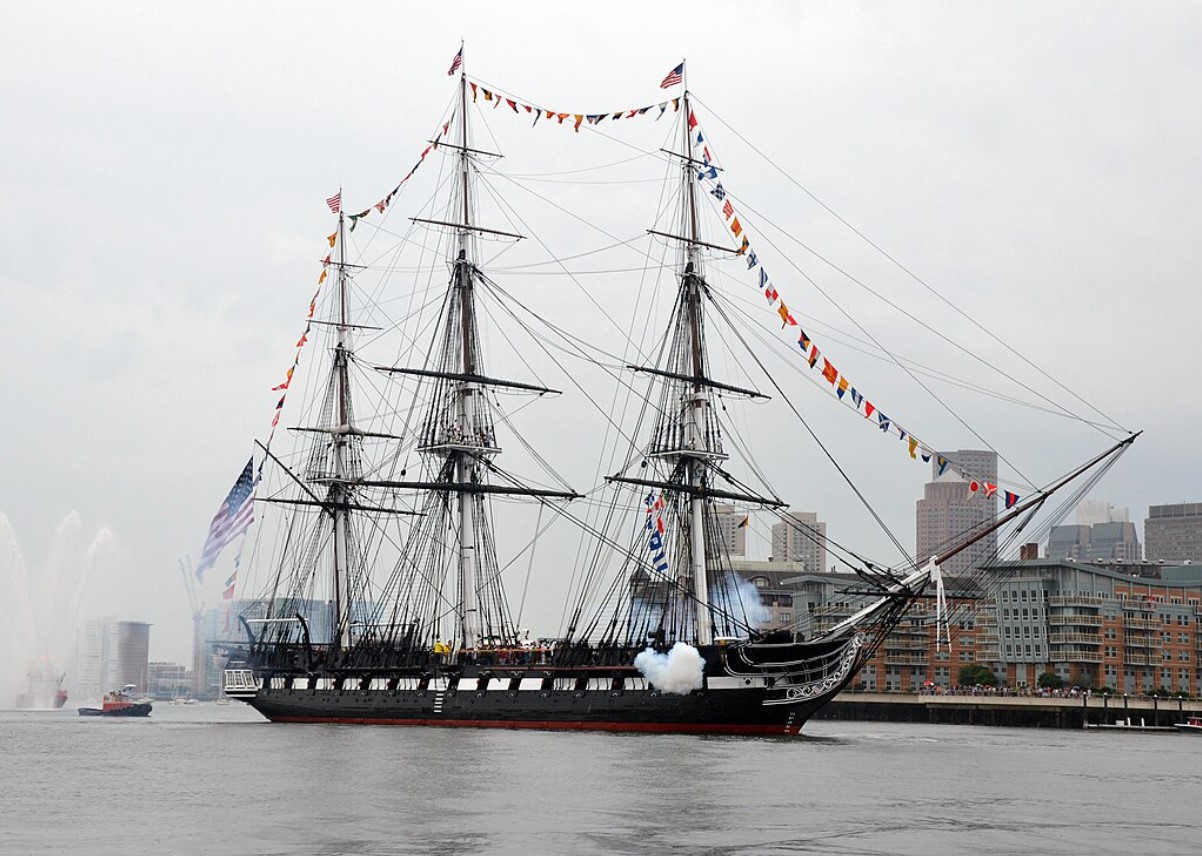 A photograph of the USS Constitution during an event