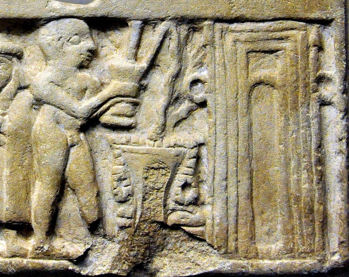 Wall plaque showing libation scene from Ur, Iraq, 2500 BCE.