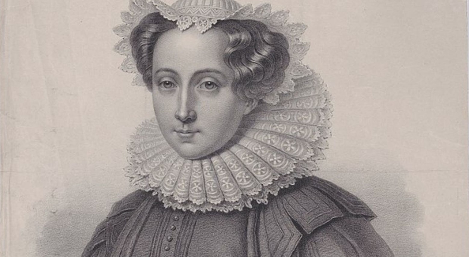 A black and white painting of Mary Queen of Scots. She is wearing a white headdress and a white Tudor collar.