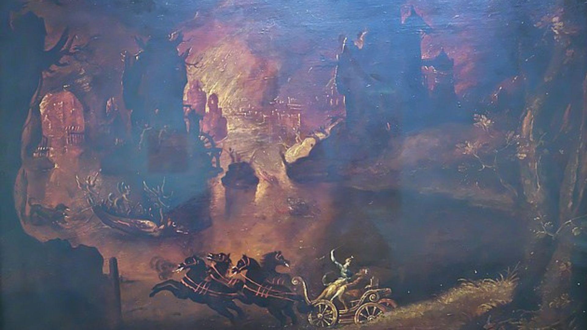 A painting of the Greek Underworld. A horse and carriage is riding through it.