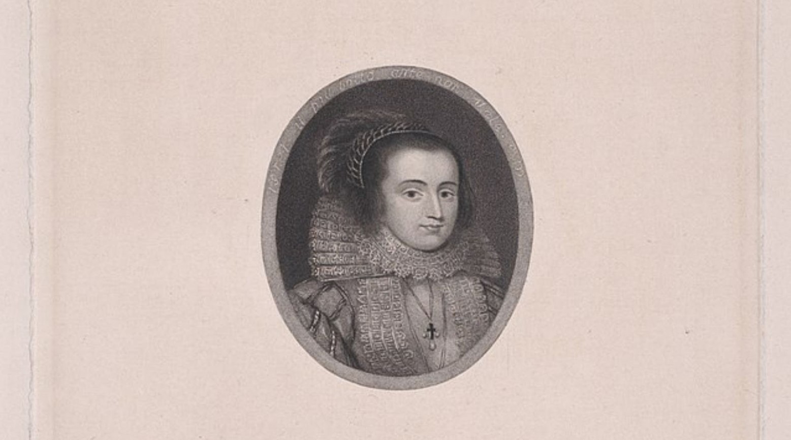 This is a black-and-white print of Mary Queen of Scots. She wears a headdress, a Tudor collar, and a cross around her neck.