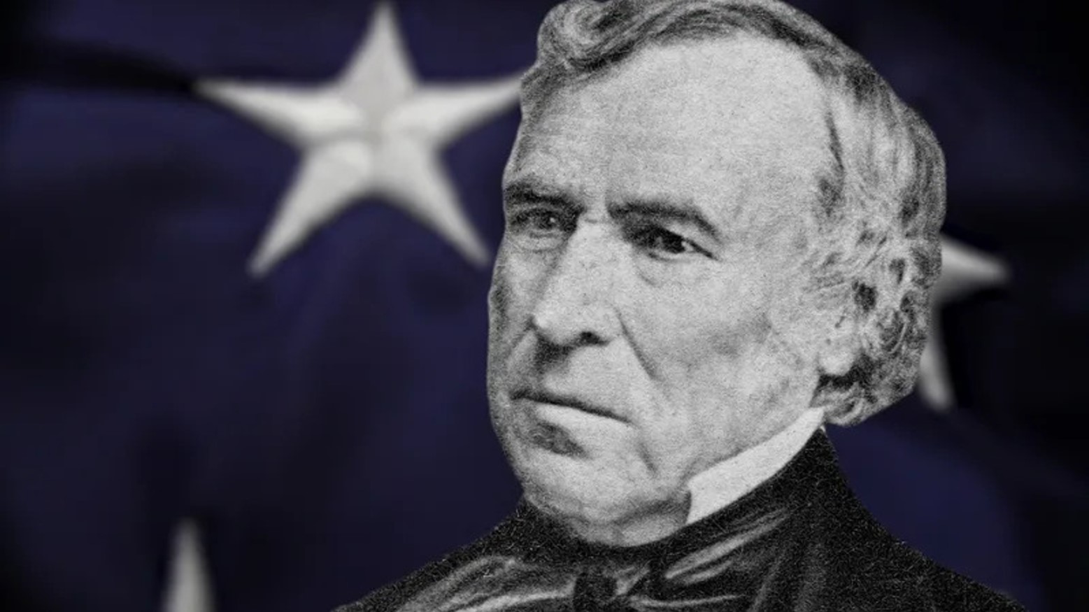 Black and white photograph of former US president Zachary Taylor in front of a US flag
