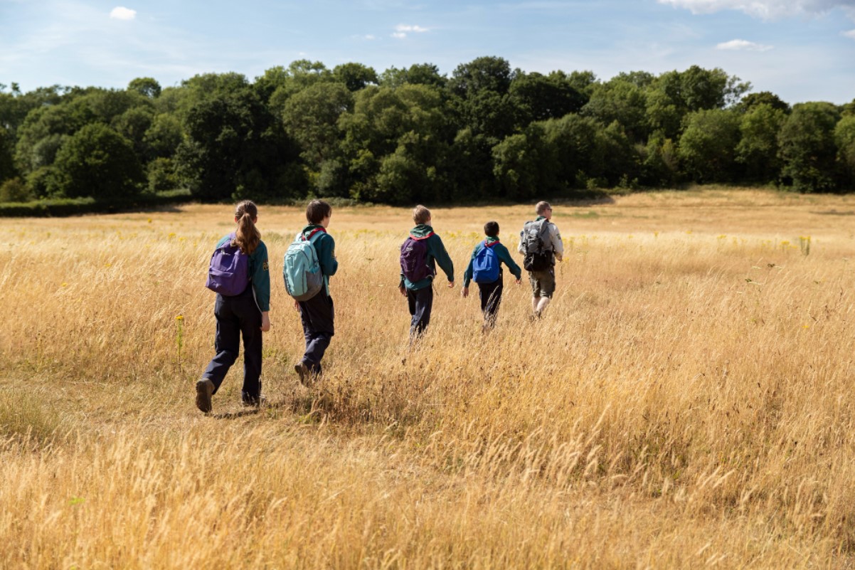 A picture of several people walking through a field