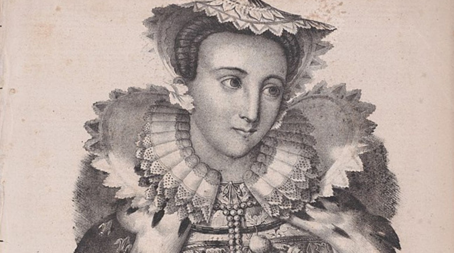 This is a black-and-white print of Mary Queen of Scots. She is wearing a headdress and Tudor collar.