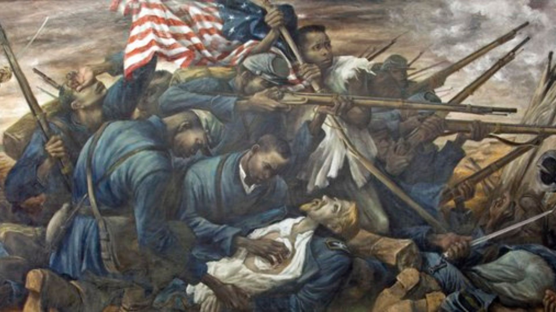 A 1943 mural by Carlos Lopez of the 54th Massachusetts Infantry during their Fort Wagner battle in the Civil War.