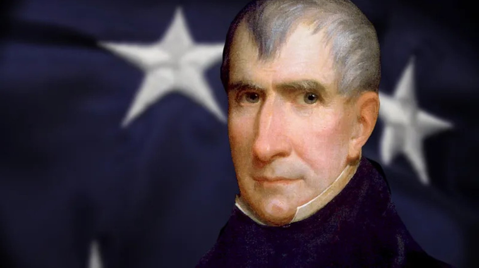 Oil painting of former US president William Henry Harrison in front of a US flag