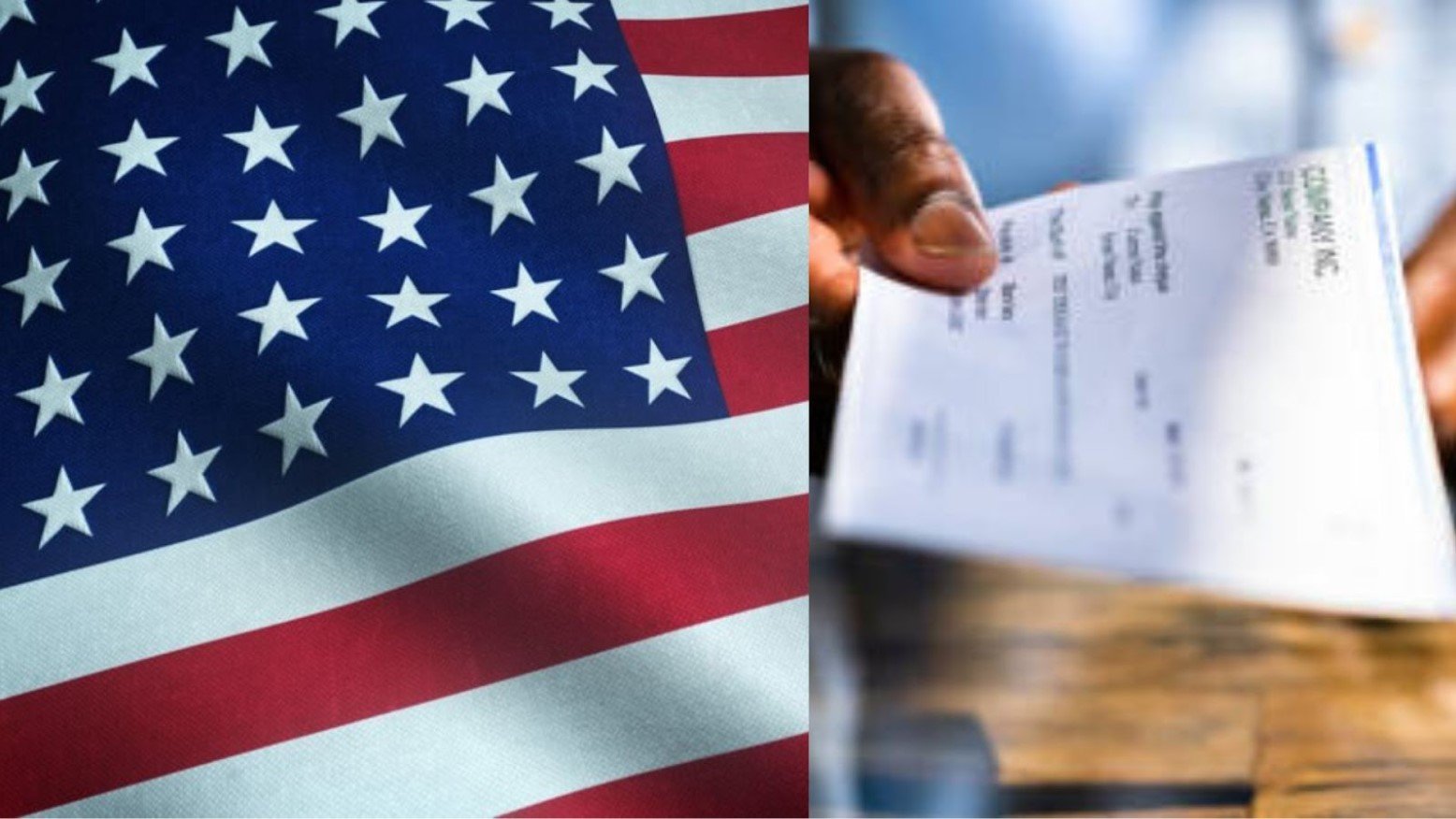 A close-up photograph of the US flag/A man hands over a paycheck to an employee