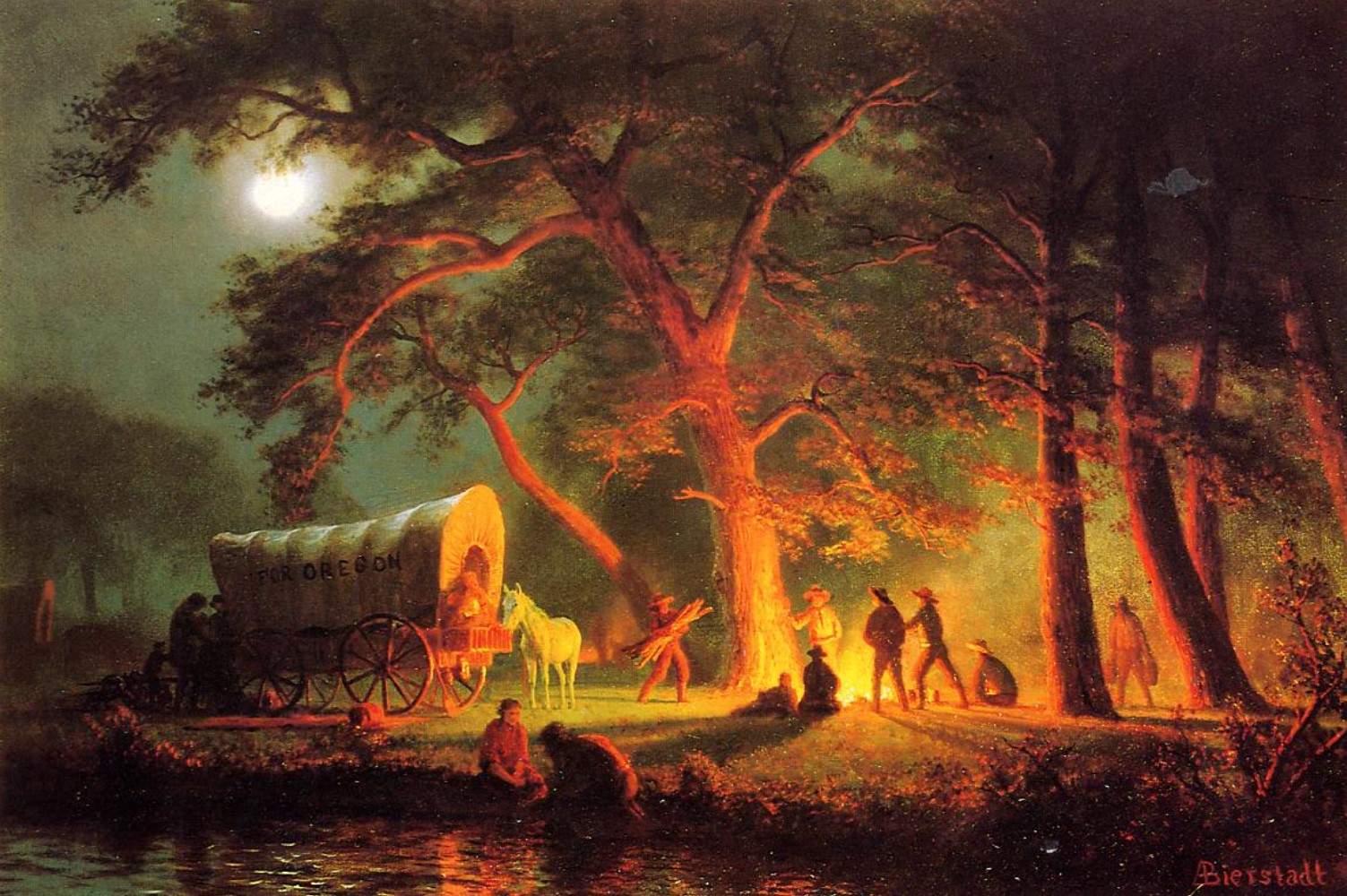 An image of a wagon parked beside a river on the Oregon Trail