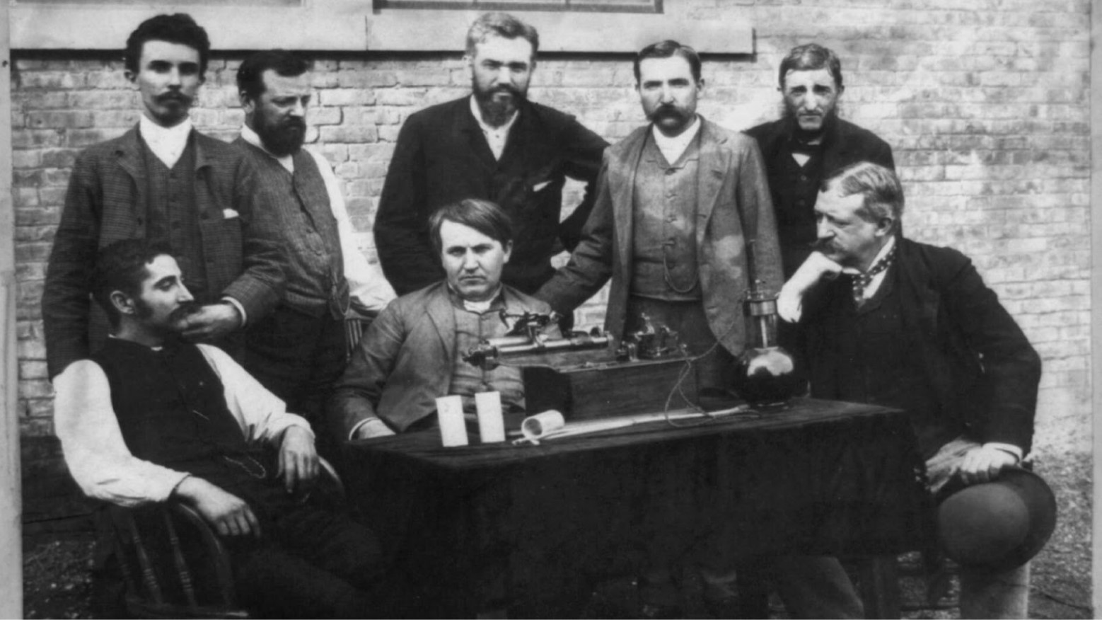Thomas Edison, William Dickson, and others in a photograph from 1892.
