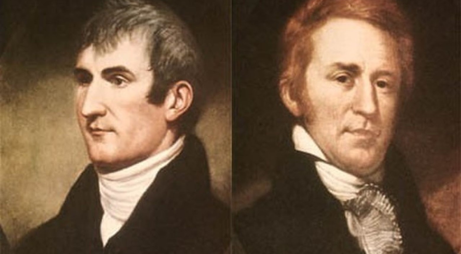 Two side-by-side portrait paintings of Lewis and Clark.