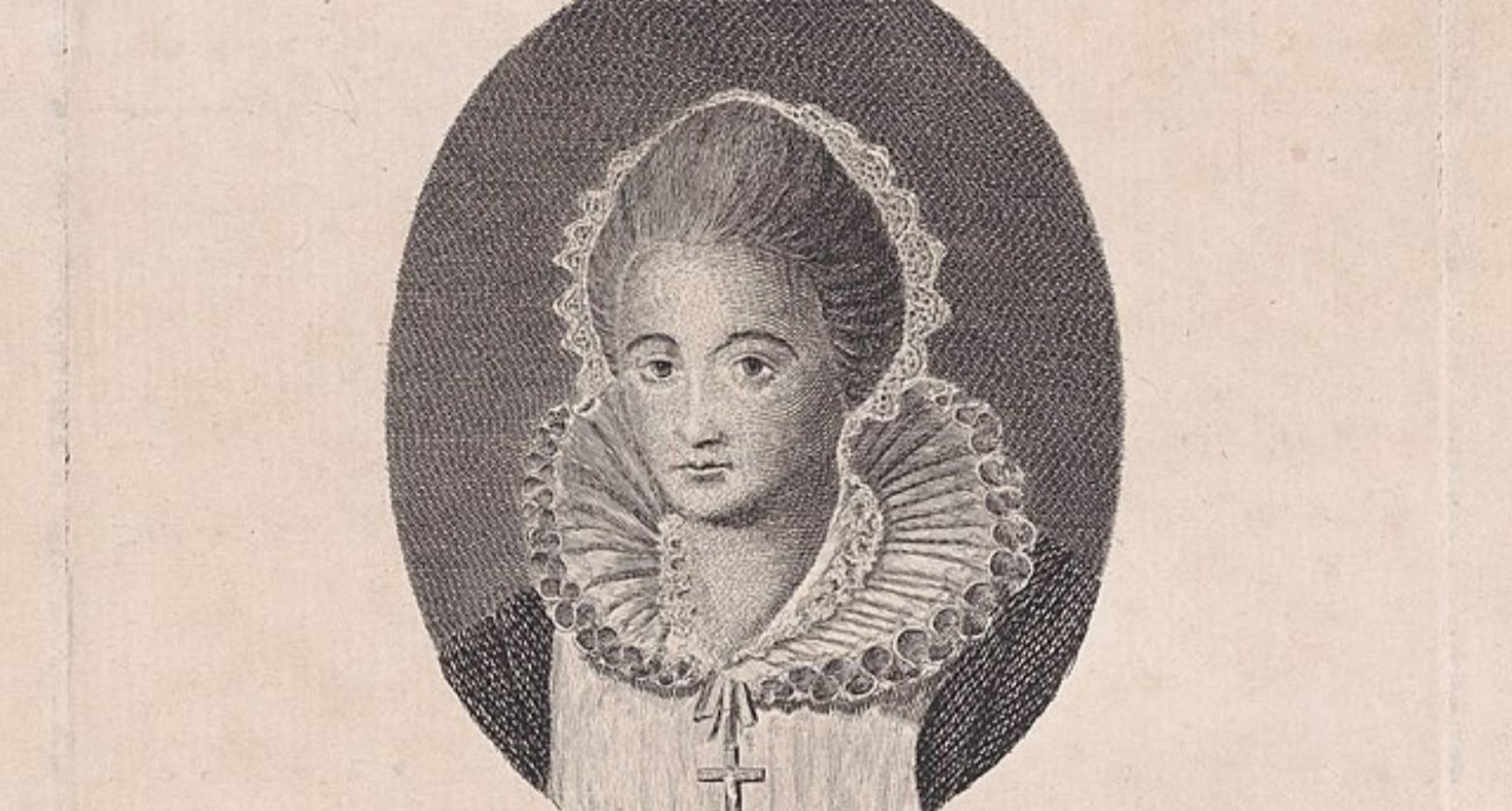 This is a black-and-white print of Mary Queen of Scots. She has lace in her hair, a Tudor collar, and a cross around her neck.