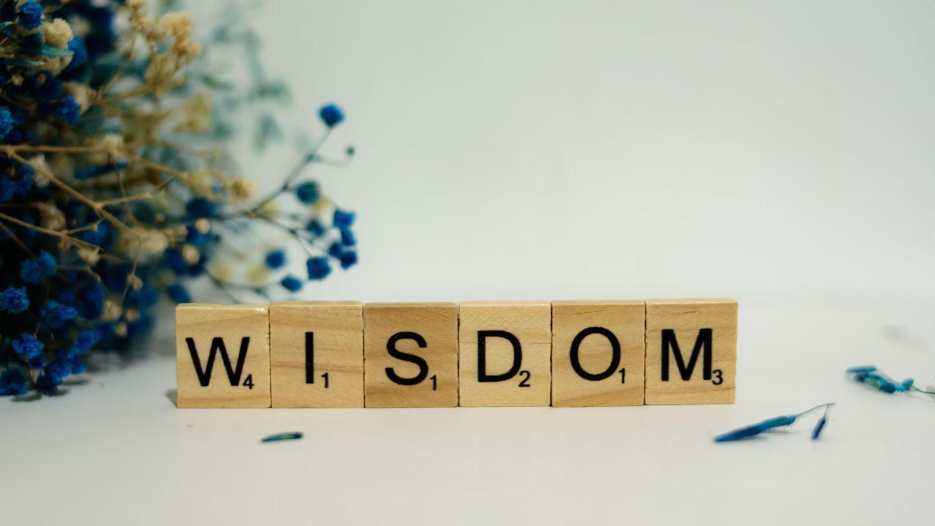 Wooden blocks that spell out “Wisdom.” The blocks are next to some blue flowers.