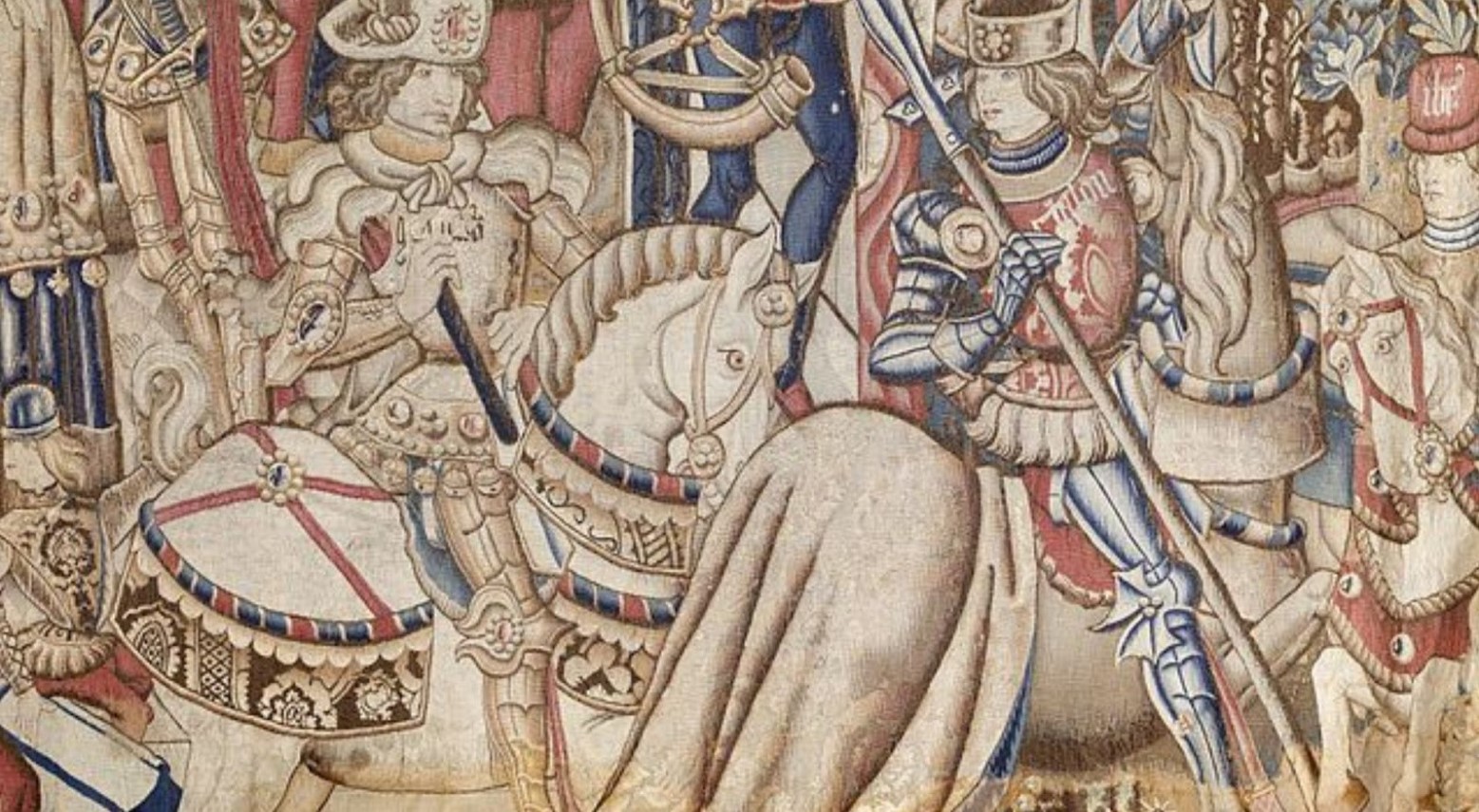 A tapestry depicting Ancient Greek nobilitymen on horses with spears.