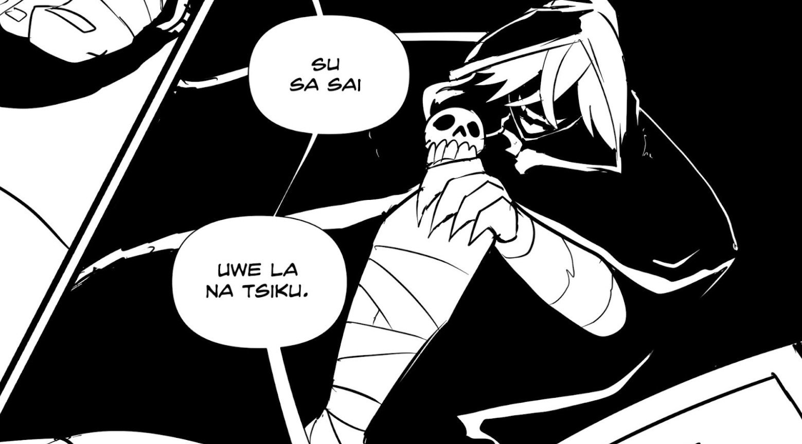 This is a black-and-white cartoon featuring Spearfinger. She is wearing a black cape and grabbing hold of one of her victims, which looks like a skull wrapped in bandages.