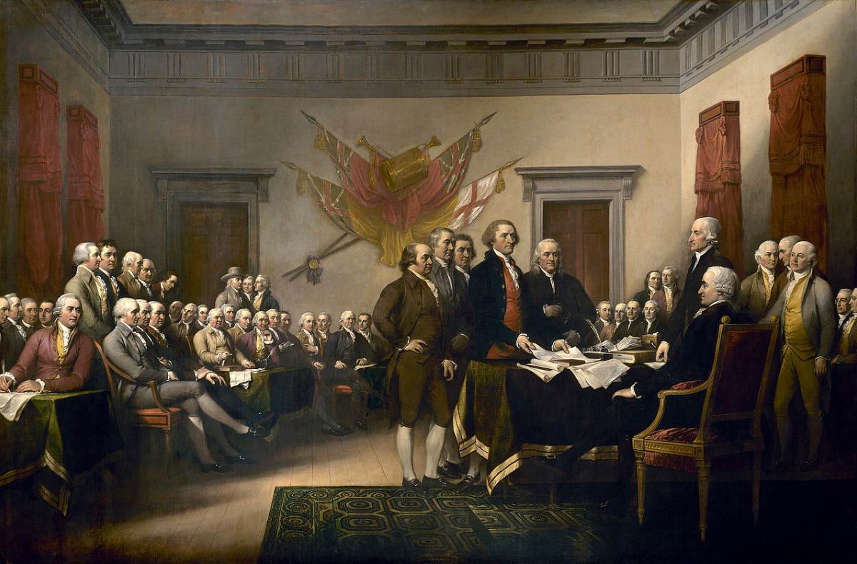 An image depicting the five-man committee who wrote the Declaration of Independence presenting their work to the Congress.