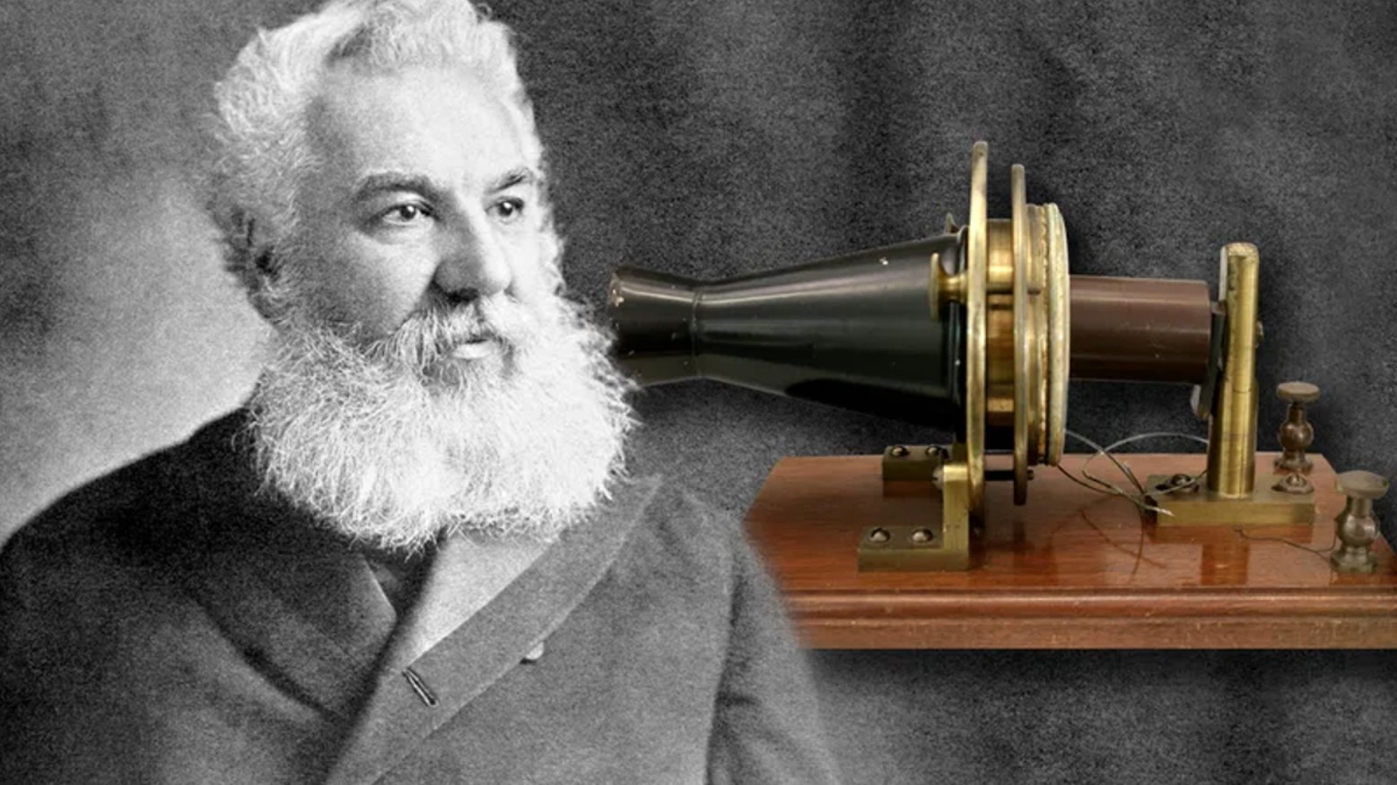 The inventor of the telephone, Alexander Bell, and his first telephone on a gray background