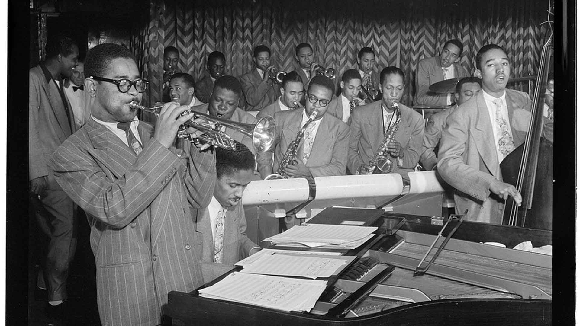 Portrait of Dizzy Gillespie, John Lewis, Cecil Payne, Miles Davis, and Ray Brown, Downbeat, New York, N.Y.