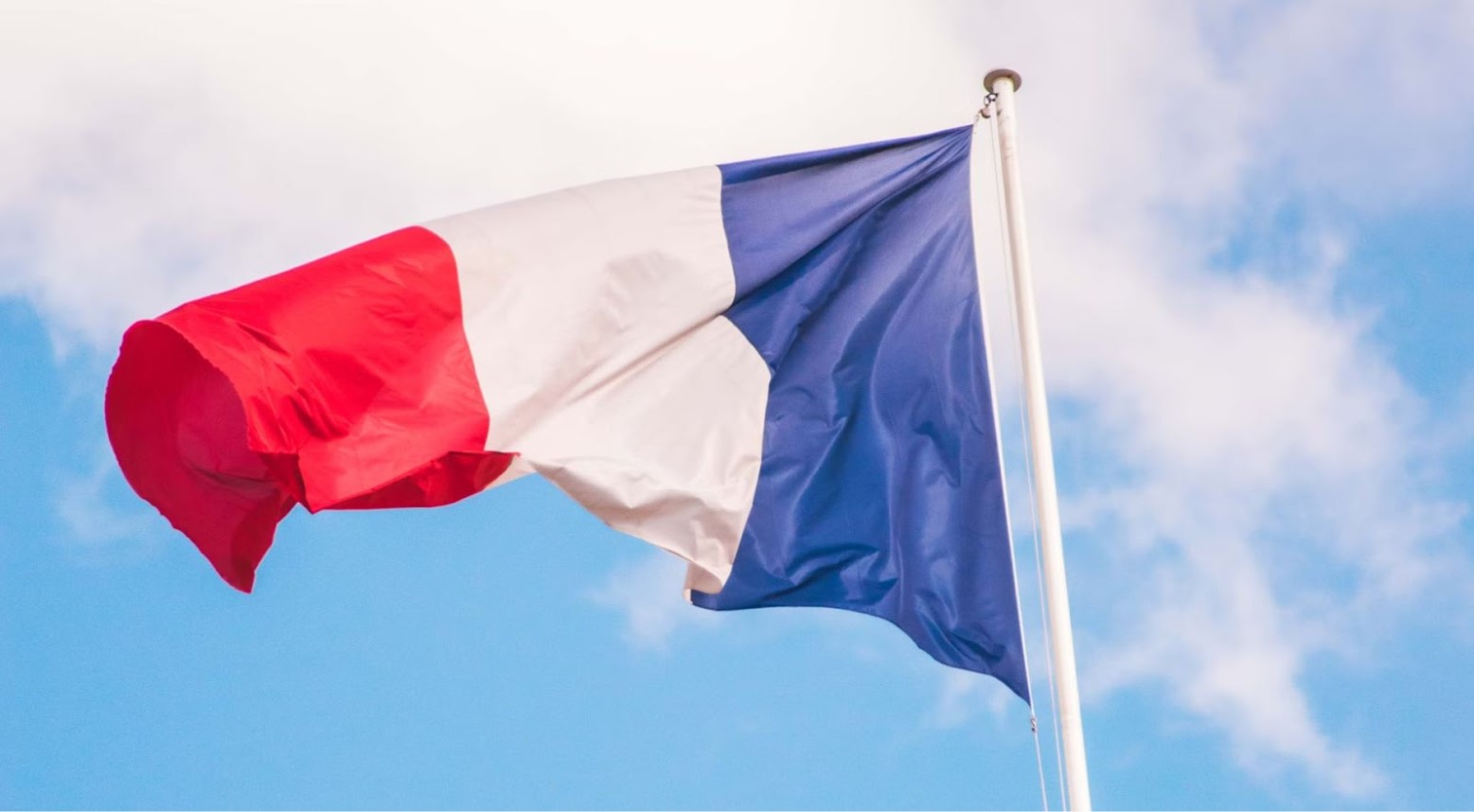 The French flag on a white flagpole.