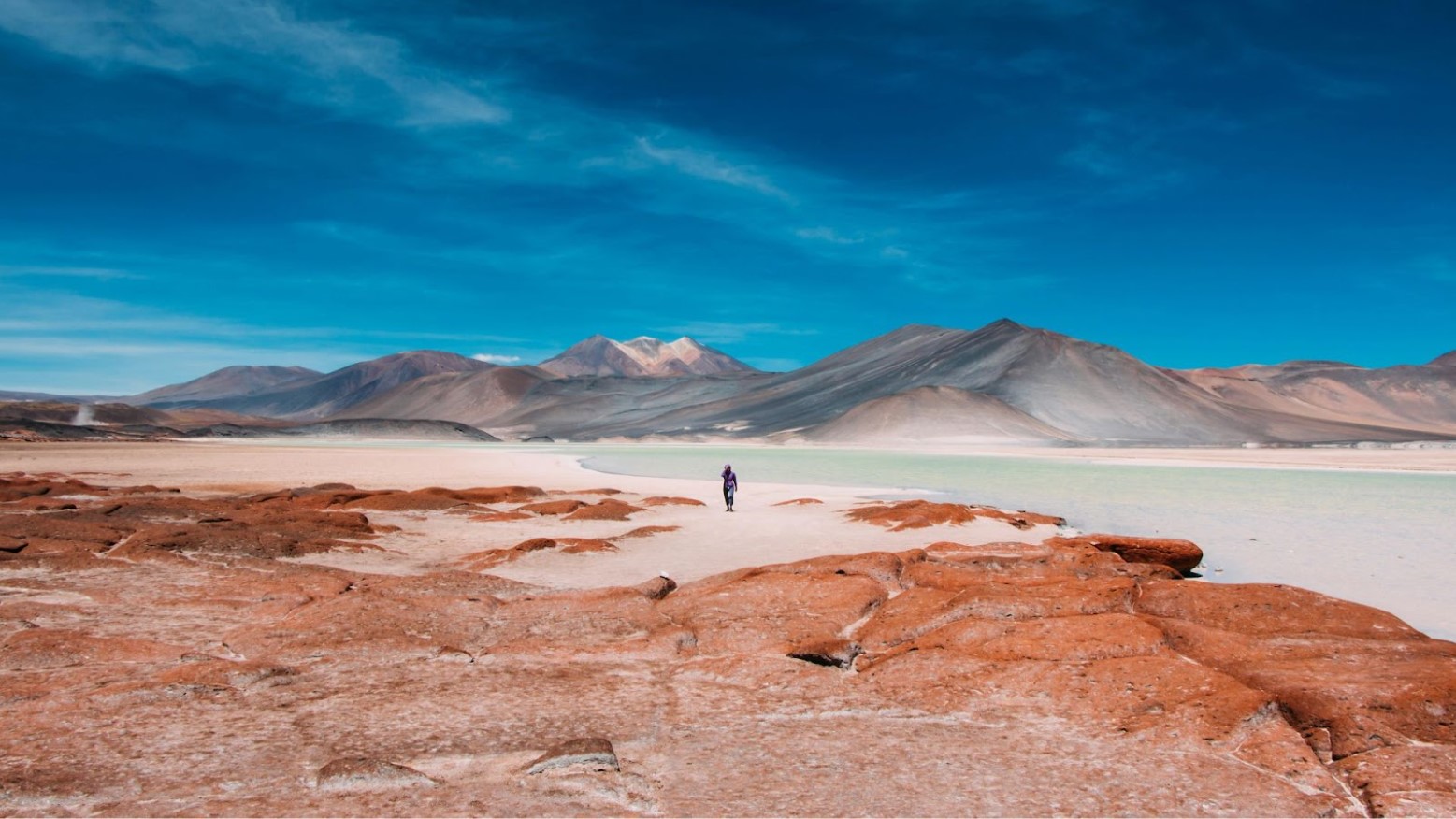 A person walking through the Atacama Desert in Chile, with water and mountains behind them.