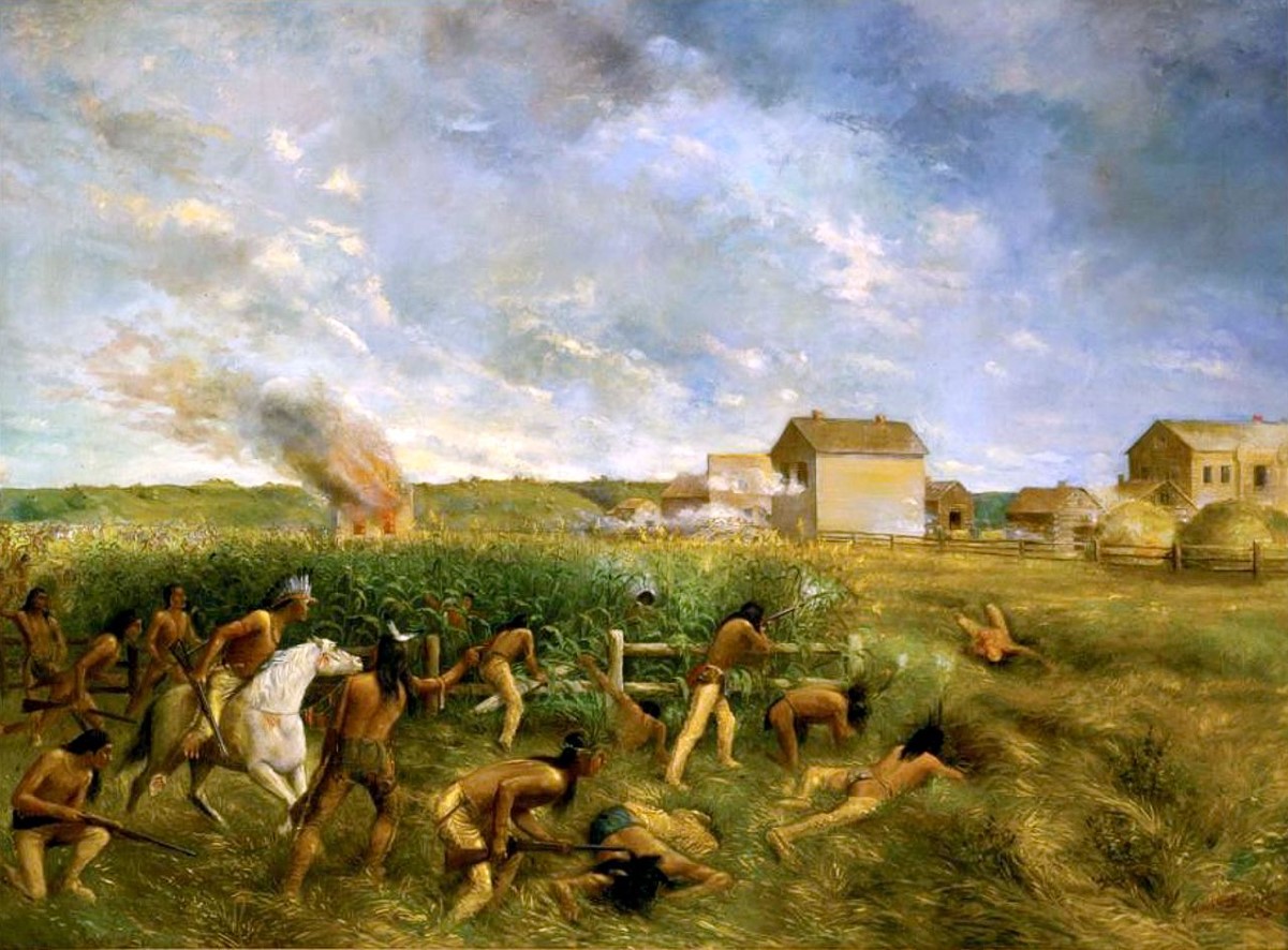 An image that depicts Native Americans attacking a village