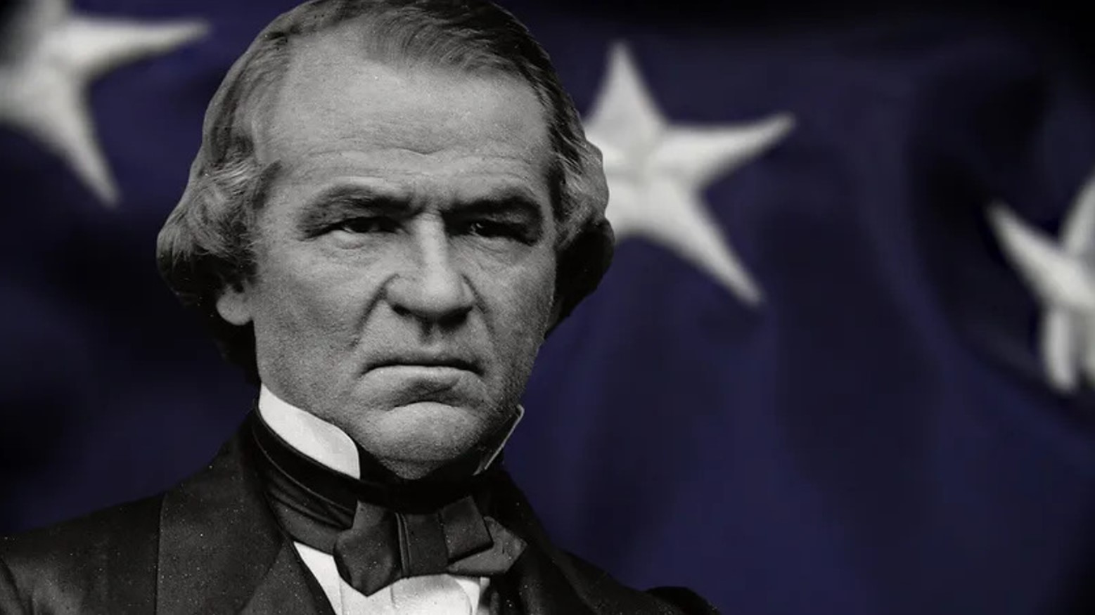 Former president Andrew Johnson in front of a US flag