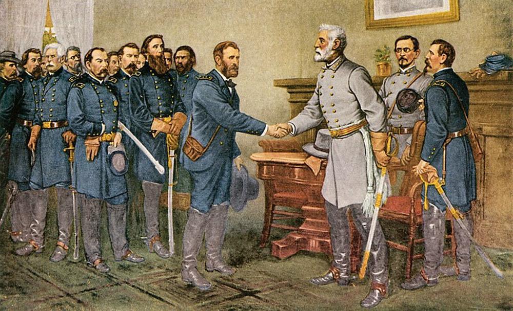 A painting depicting the surrender of General Grant at Appomattox Court House