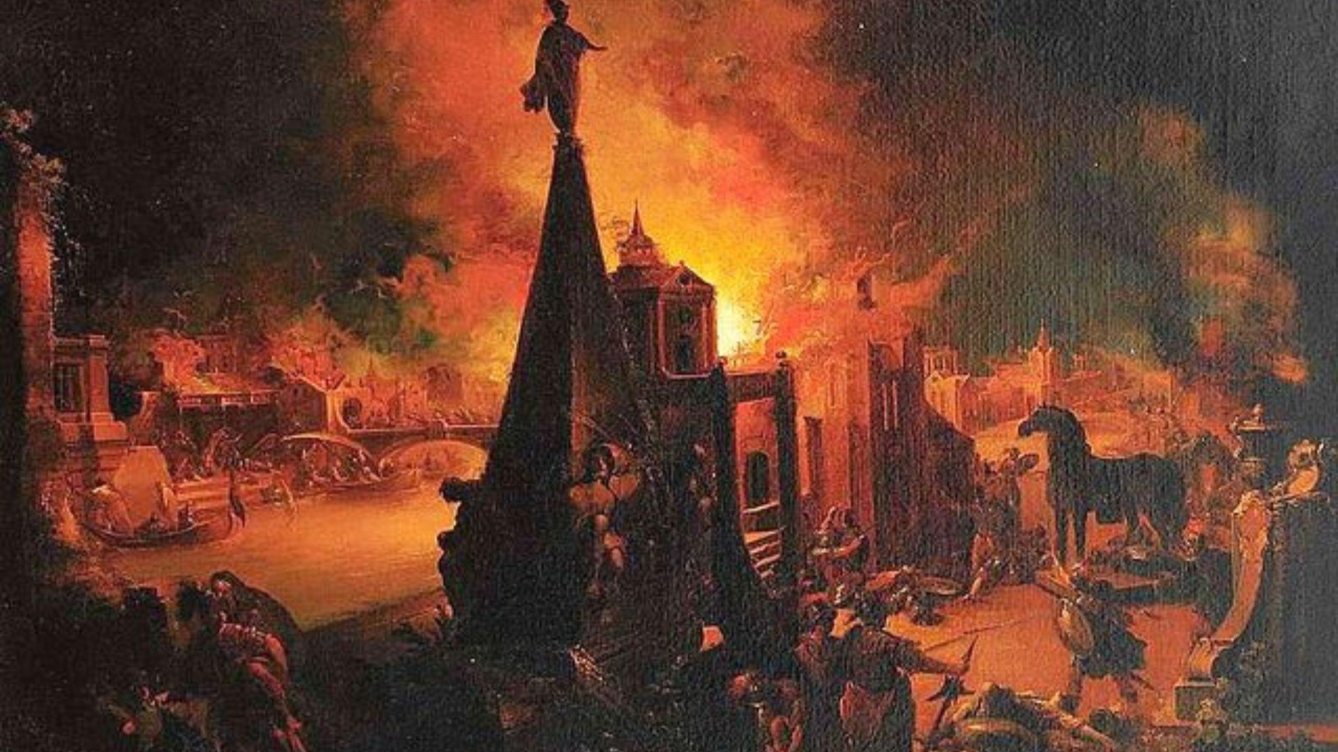 A painting of the Trojan War. The sky looks like it is on fire, and there are some horses.