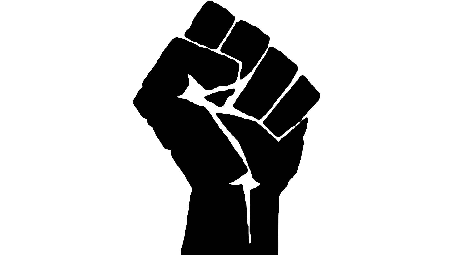 Black Power symbol with a black fist against a white background