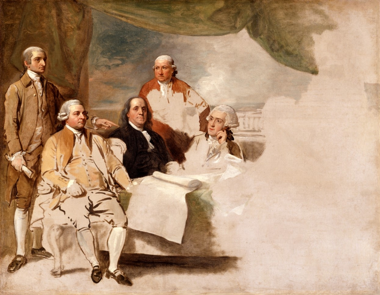 An incomplete painting by Benjamin West of the American delegation in the Treaty of Paris
