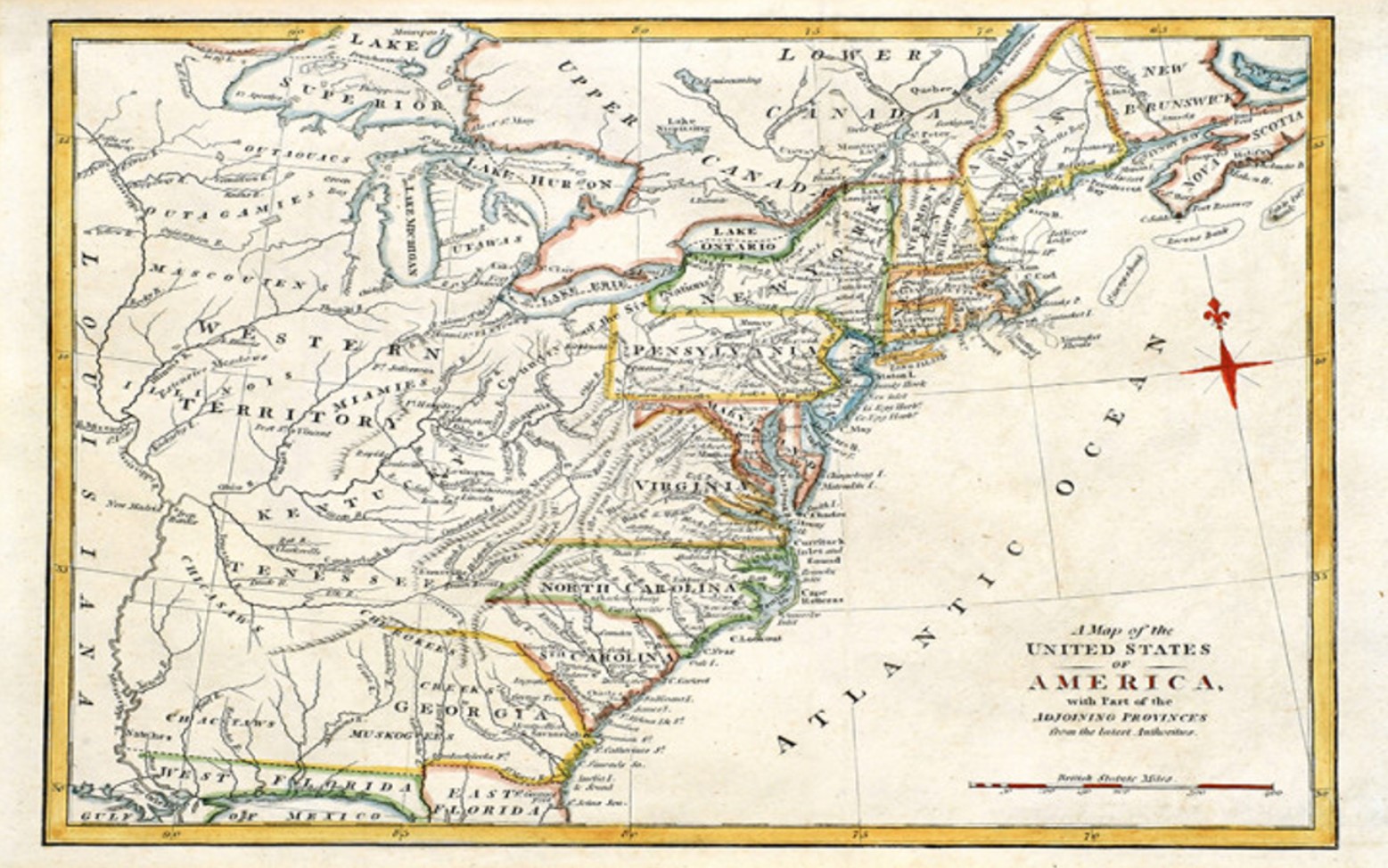 Map of the first 13 US colonies after the Revolutionary War