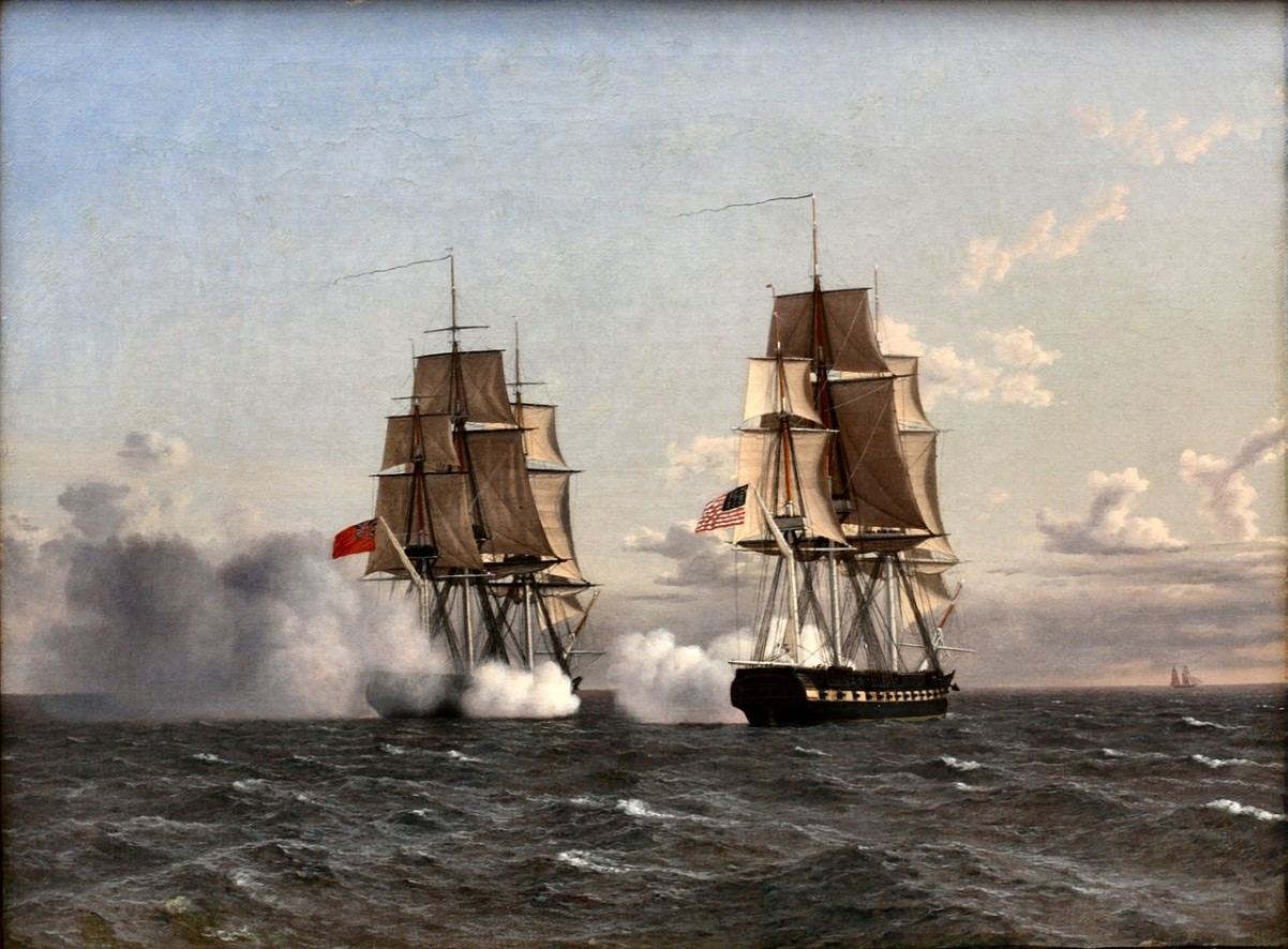 An image of two Naval ships at battle in the Atlantic Ocean