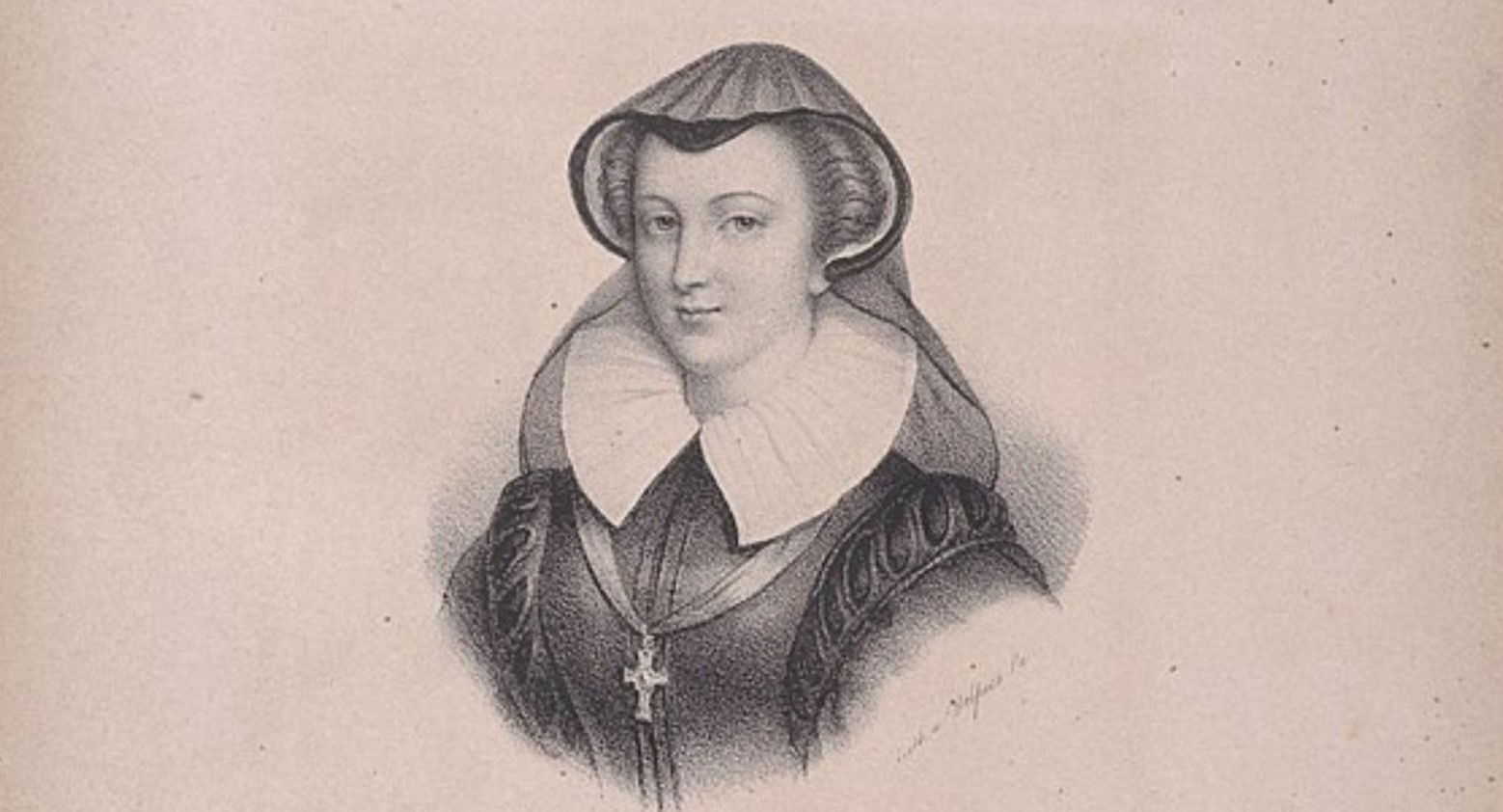 A black and white drawing of Mary Queen of Scots. She is wearing a cross necklace and a dress with a Tudor collar.