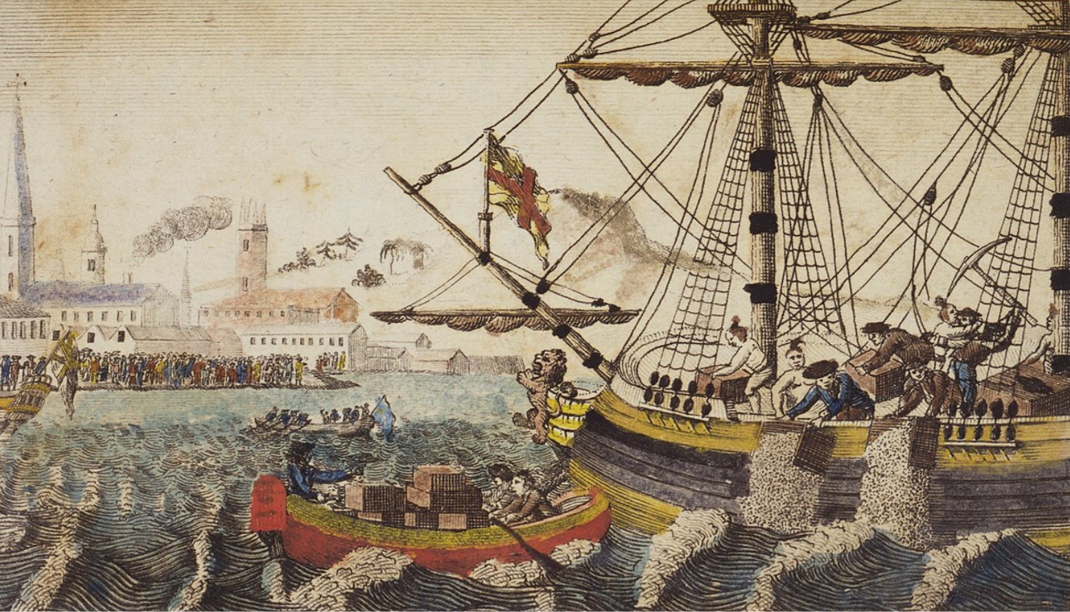 Depiction of the Boston Tea Party, where colonists threw tea over the side of a ship in the Boston Harbor