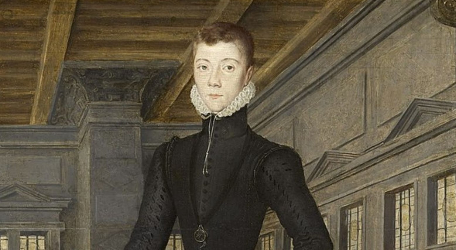 A painting of Lord Darnley. He is wearing a black traditional Tudor outfit with a white Tudor collar.