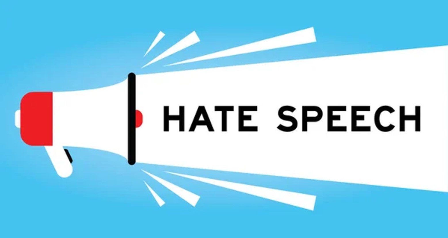 An illustration of “Hate Speech” with the text coming from a megaphone in front of a light blue background