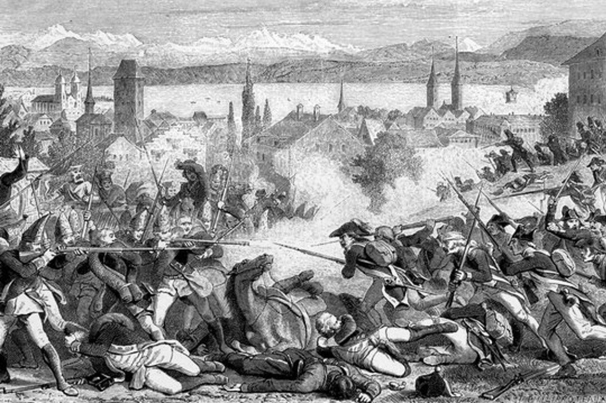 Black and white drawing of a battle of the Revolutionary War