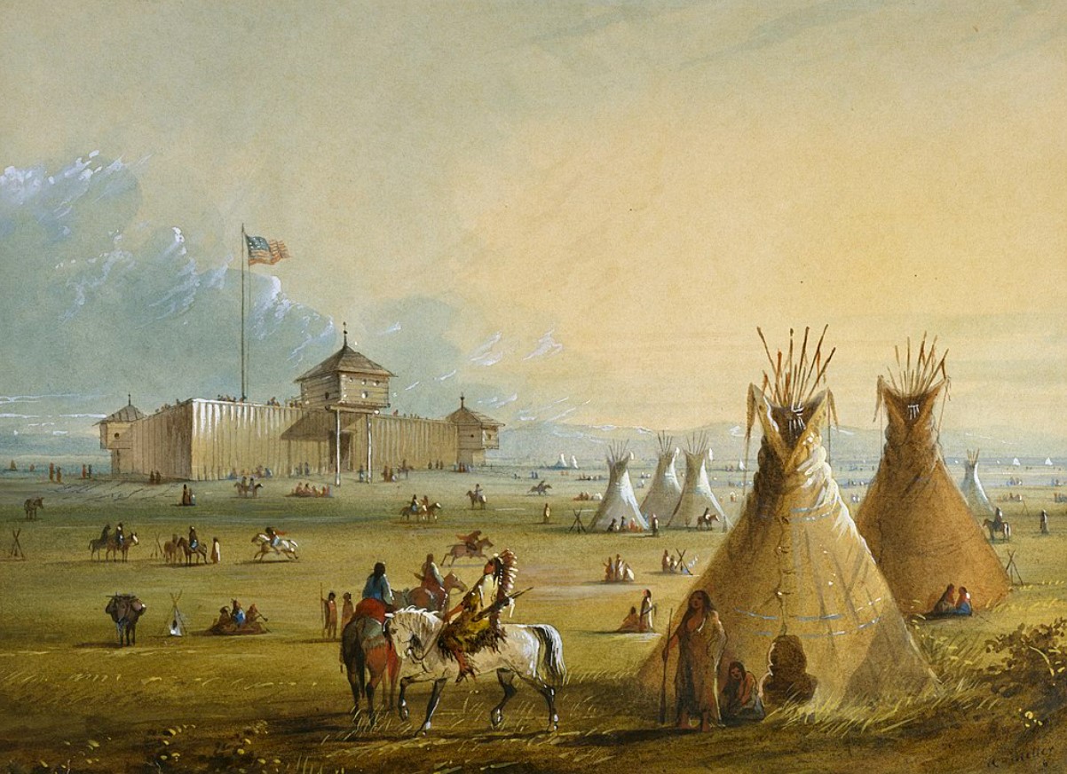 An image of a small camp outside of Fort Laramie on the Oregon Pass