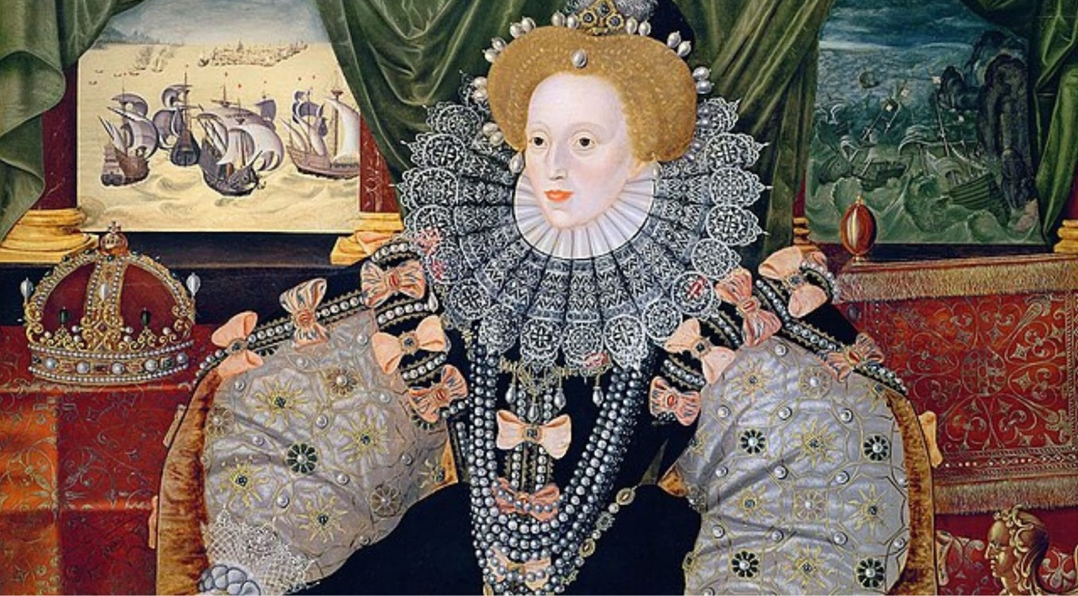 This is a painting of Elizabeth I. She is sitting in a chair and wearing a pearl tiara and a traditional Tudor dress with a Tudor collar. A crown is on a table next to her.