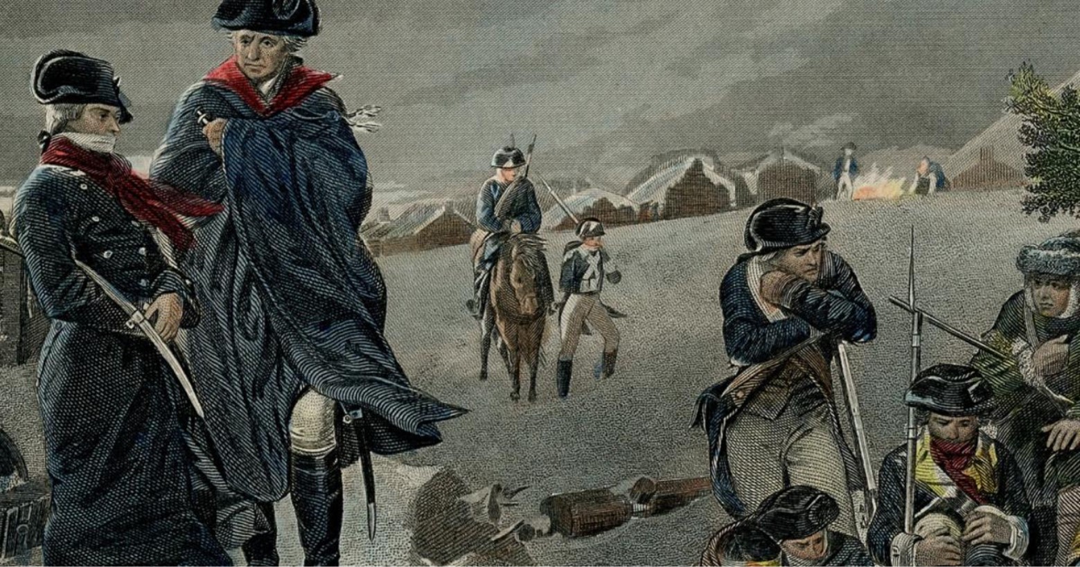 Painting of colonist soldiers freezing during the Battle of Valley Forge