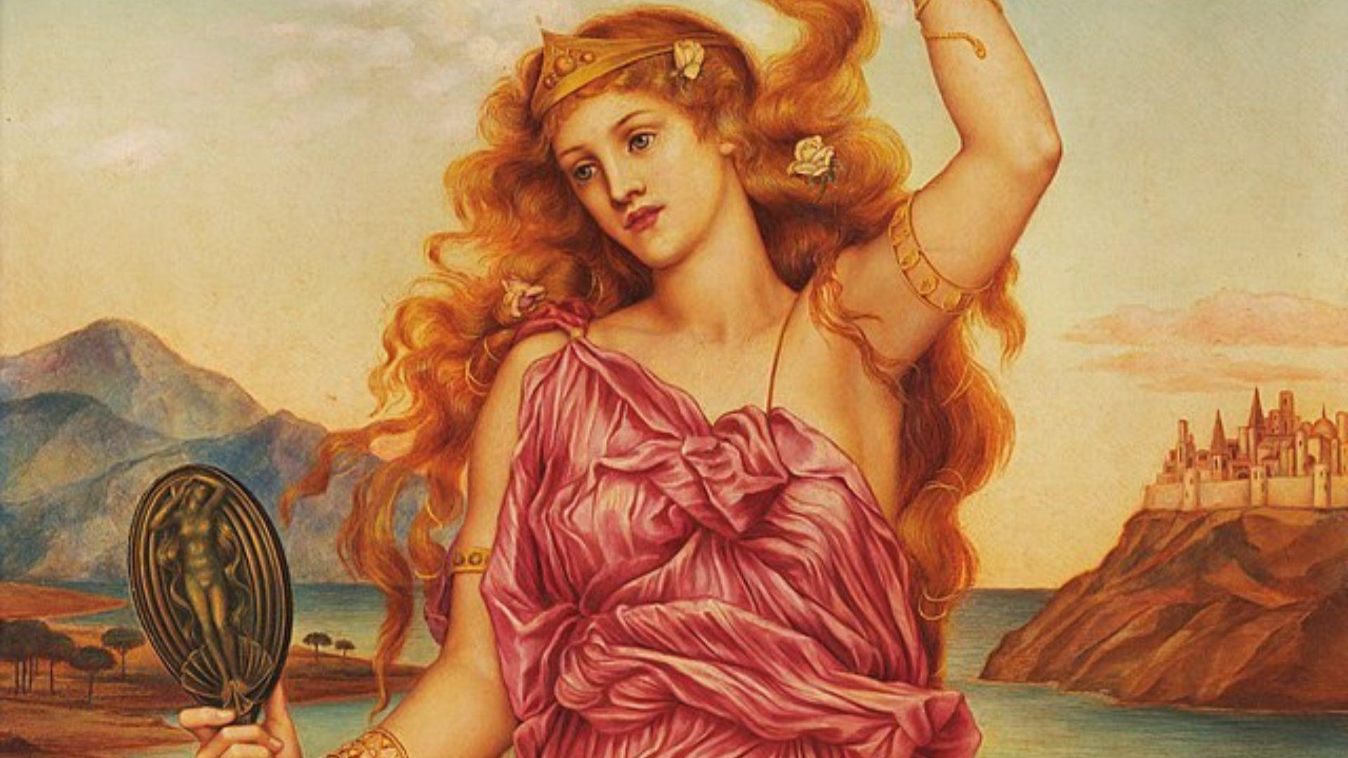 A painting of Helen of Troy. She is holding a mirror and has a crown on her head.