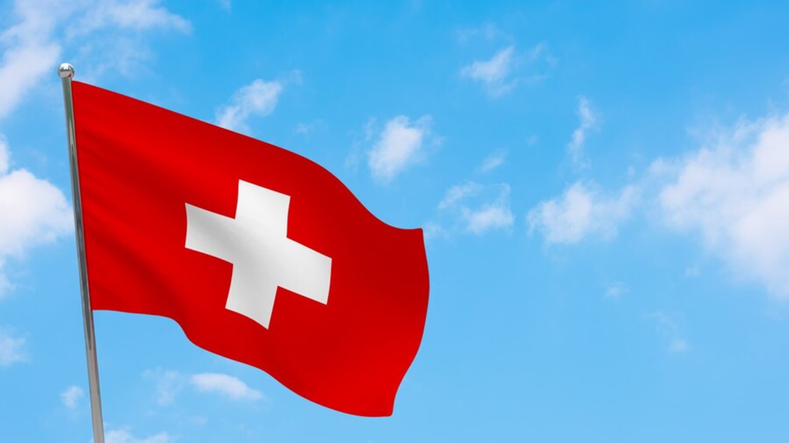 Digital illustration of the flag of Switzerland flying against a light blue sky