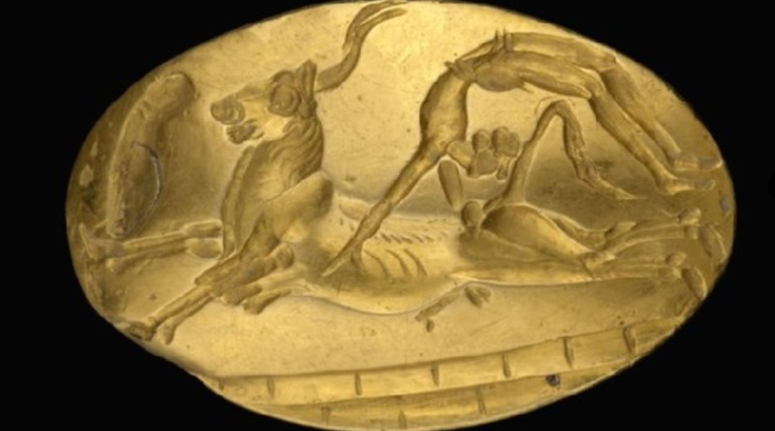 A gold print depicting Minoan bull-jumping. The print shows a bull with the man jumping over him.