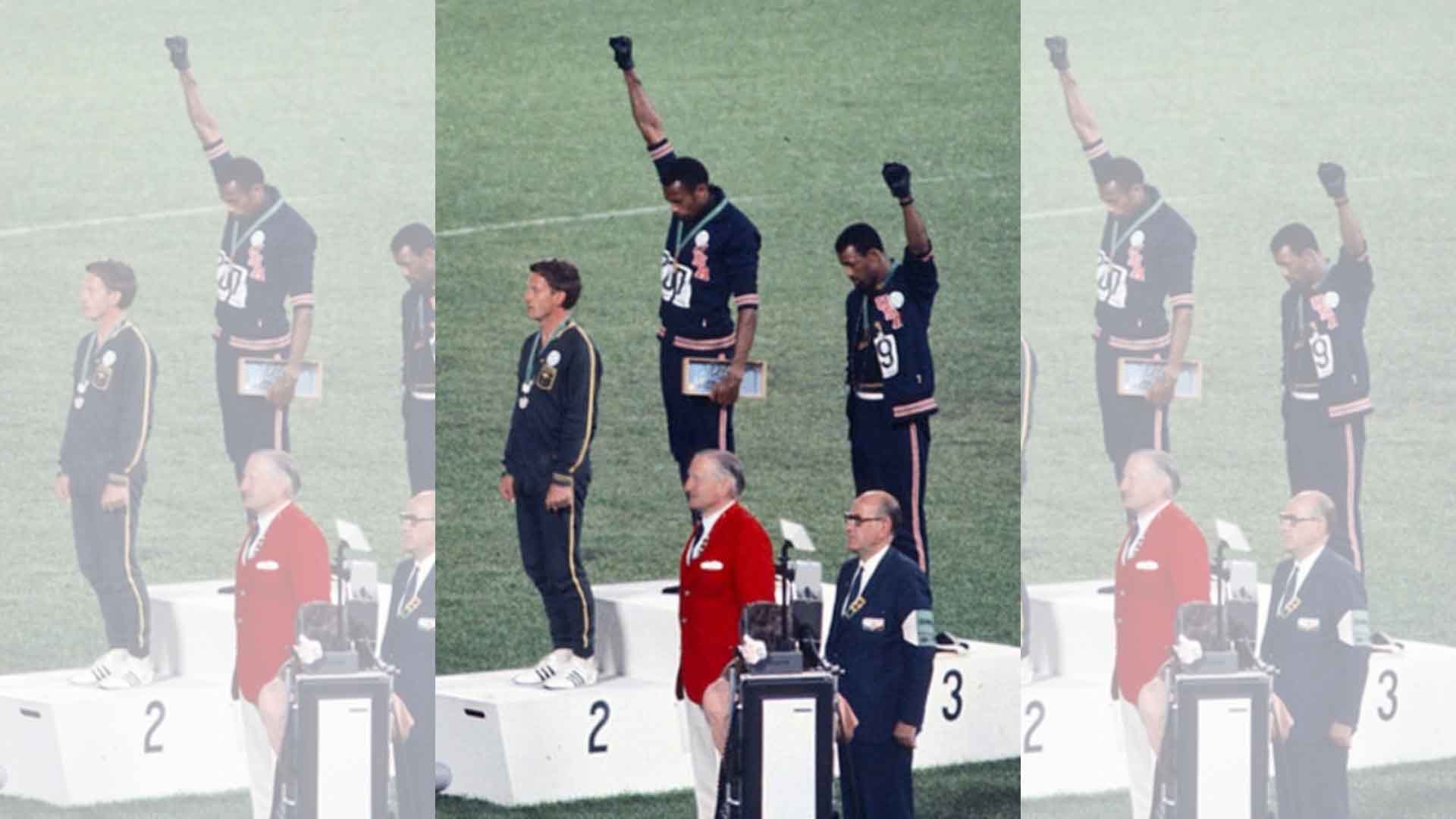 Tommie Smith and John Carlos showing the raised fist on the podium after the 200 m race at the 1968 Summer Olympics.